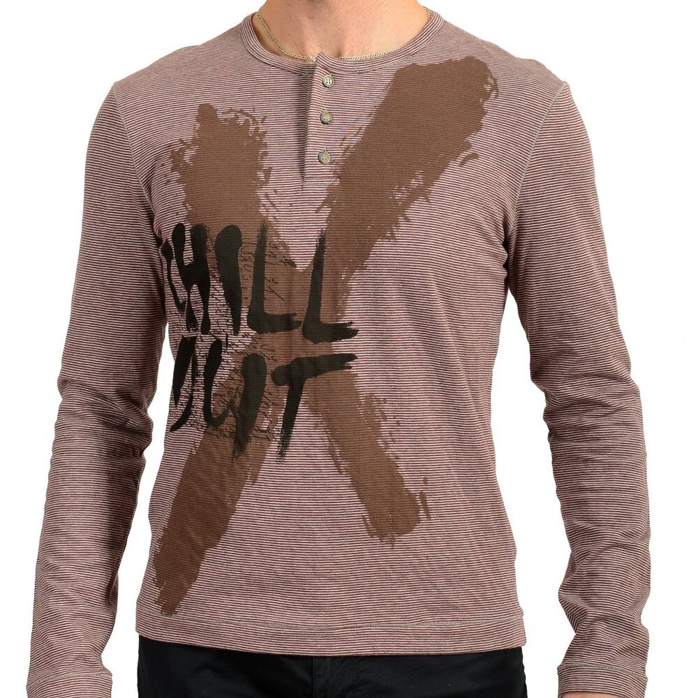 Exte Men's Multi-Color Striped Logo Print Long Sleeve Henley T-Shirt US S IT 48